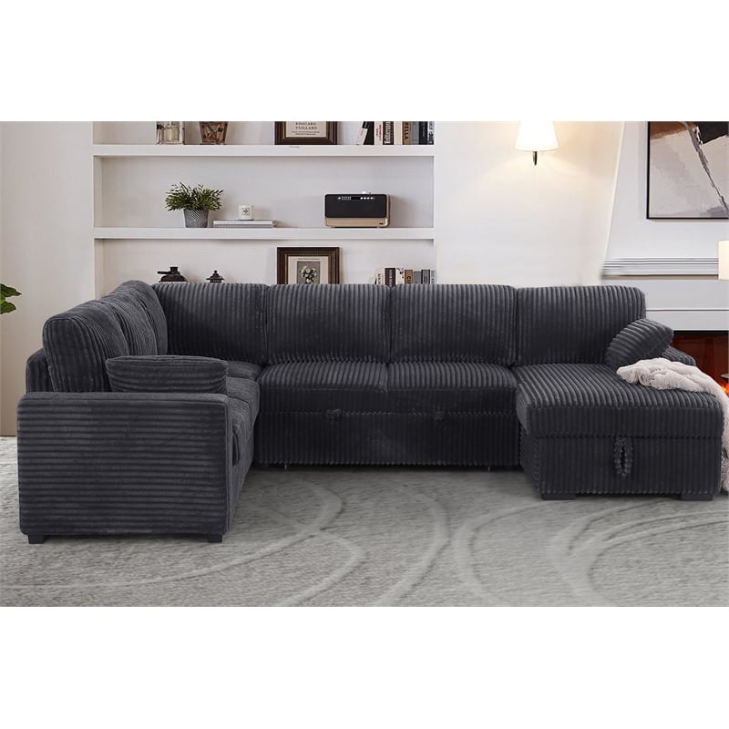 Oversized Upholstered Corduroy Sleeper Sectional Sofa With Storage Chaise