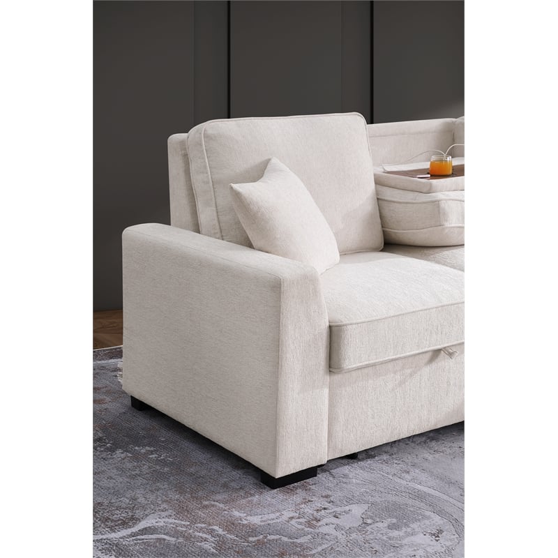 L-Shaped Reversible Sleeper Sofa with Storage Chaise and Fold-Down Cupholders with Reversible Chaise for Living Room