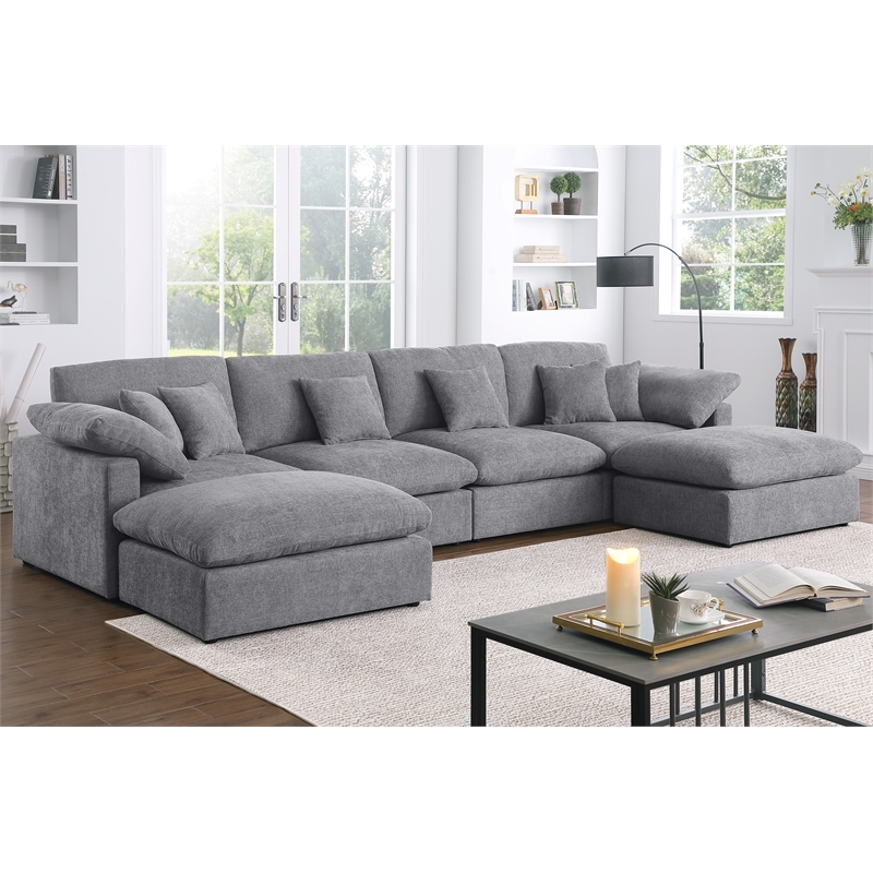 U Shape Chenille Sectional Sofa Cloud Couch With Removable Ottomans Light Gray