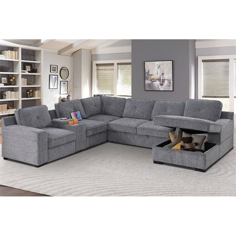 U-Shaped Sectional Sofa Bed Pull Out Sleeper Couch &Storage Chaise in Light Gray