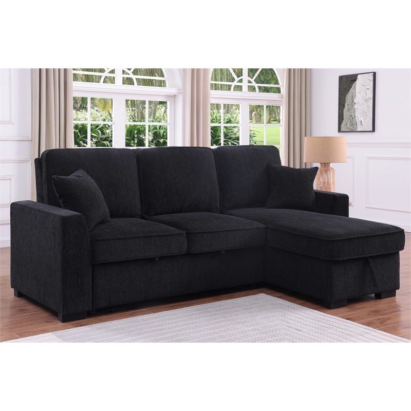 L-Shaped Chenille Reversible Sleeper Sofa with Storage Chaise and Fold-Down Cupholders with Reversible Chaise for Living Room in Black