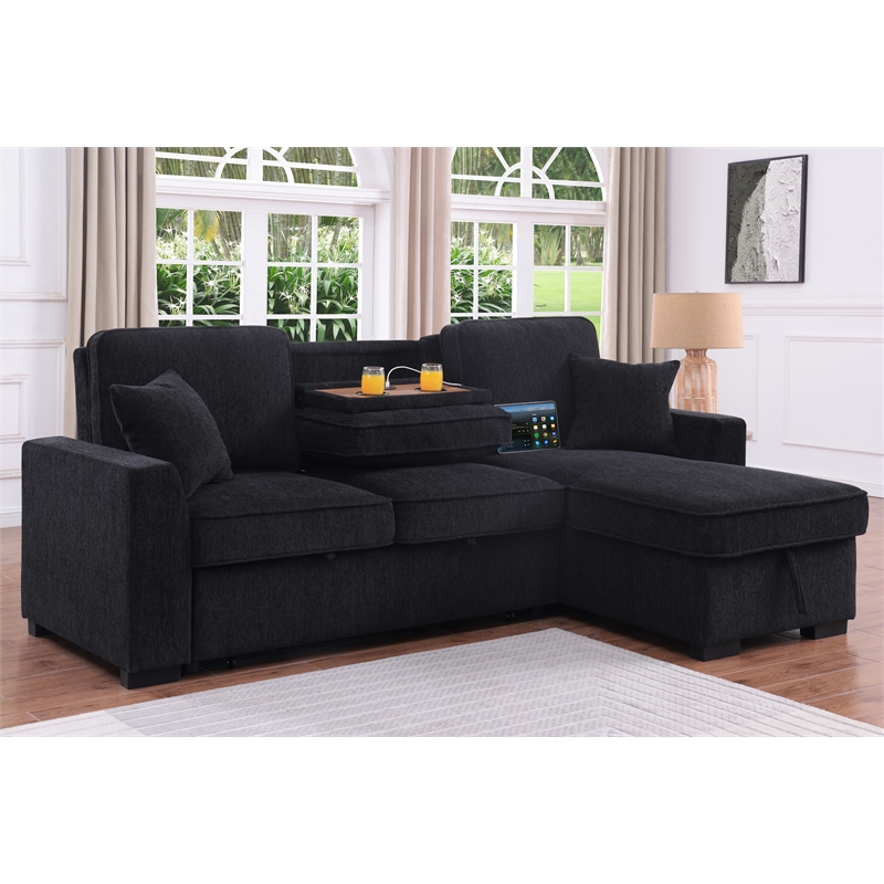 L-Shaped Chenille Reversible Sleeper Sofa with Storage Chaise and Fold-Down Cupholders with Reversible Chaise for Living Room in Black