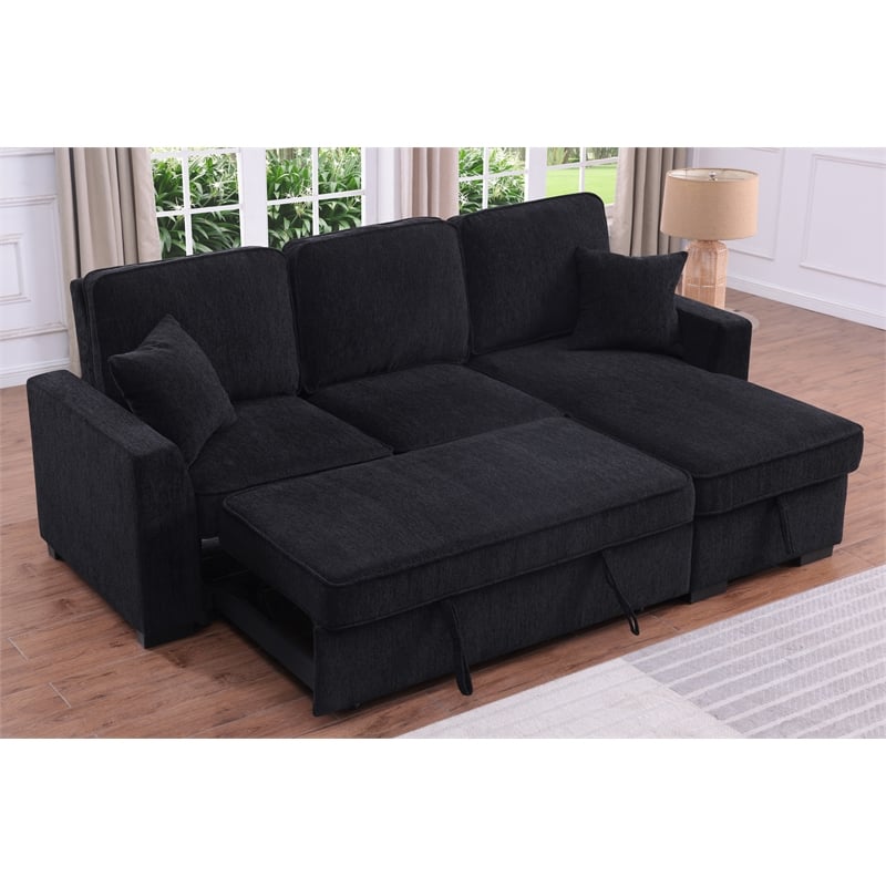 L-Shaped Chenille Reversible Sleeper Sofa with Storage Chaise and Fold-Down Cupholders with Reversible Chaise for Living Room in Black