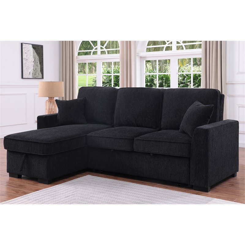 L-Shaped Chenille Reversible Sleeper Sofa with Storage Chaise and Fold-Down Cupholders with Reversible Chaise for Living Room in Black