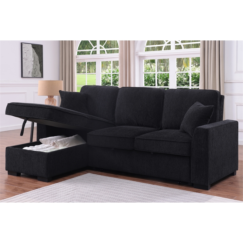 L-Shaped Chenille Reversible Sleeper Sofa with Storage Chaise and Fold-Down Cupholders with Reversible Chaise for Living Room in Black