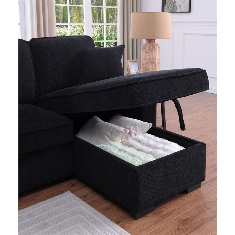 L-Shaped Chenille Reversible Sleeper Sofa with Storage Chaise and Fold-Down Cupholders with Reversible Chaise for Living Room in Black