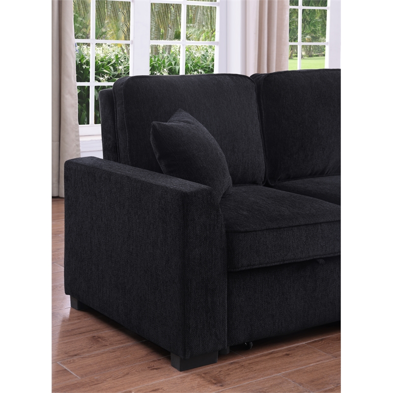 L-Shaped Chenille Reversible Sleeper Sofa with Storage Chaise and Fold-Down Cupholders with Reversible Chaise for Living Room in Black
