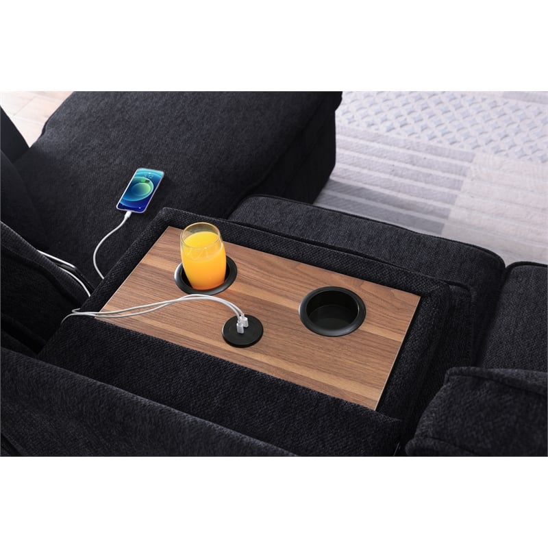 L-Shaped Chenille Reversible Sleeper Sofa with Storage Chaise and Fold-Down Cupholders with Reversible Chaise for Living Room in Black