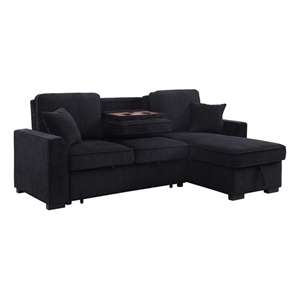 L-Shaped Chenille Reversible Sleeper Sofa with Storage Chaise and Fold-Down Cupholders with Reversible Chaise for Living Room in Black