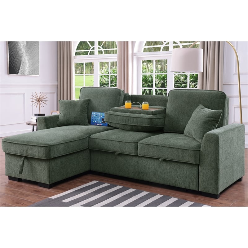 L-Shaped Reversible Chenille Sleeper Sofa with Storage Chaise and Fold-Down Cupholders with Reversible Chaise for Living Room in Green