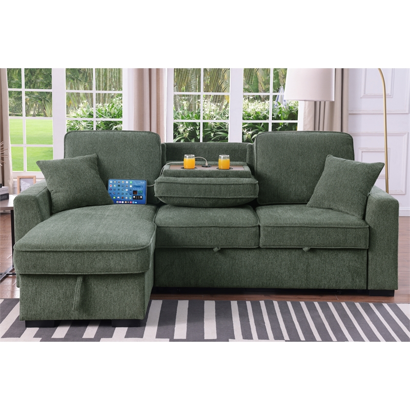 L-Shaped Reversible Chenille Sleeper Sofa with Storage Chaise and Fold-Down Cupholders with Reversible Chaise for Living Room in Green
