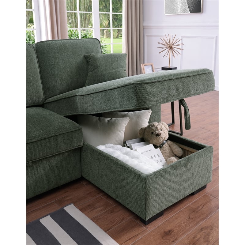 L-Shaped Reversible Chenille Sleeper Sofa with Storage Chaise and Fold-Down Cupholders with Reversible Chaise for Living Room in Green