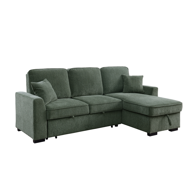 L-Shaped Reversible Chenille Sleeper Sofa with Storage Chaise and Fold-Down Cupholders with Reversible Chaise for Living Room in Green
