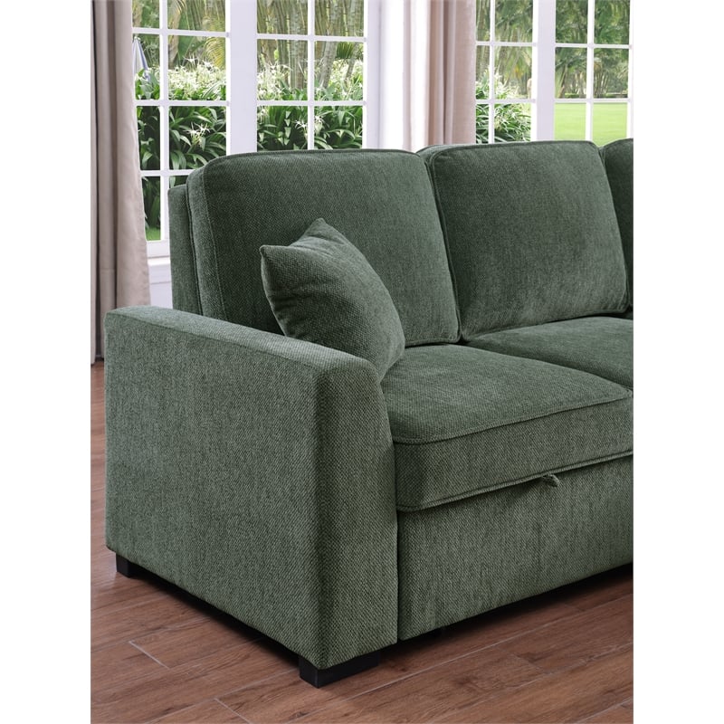 L-Shaped Reversible Chenille Sleeper Sofa with Storage Chaise and Fold-Down Cupholders with Reversible Chaise for Living Room in Green