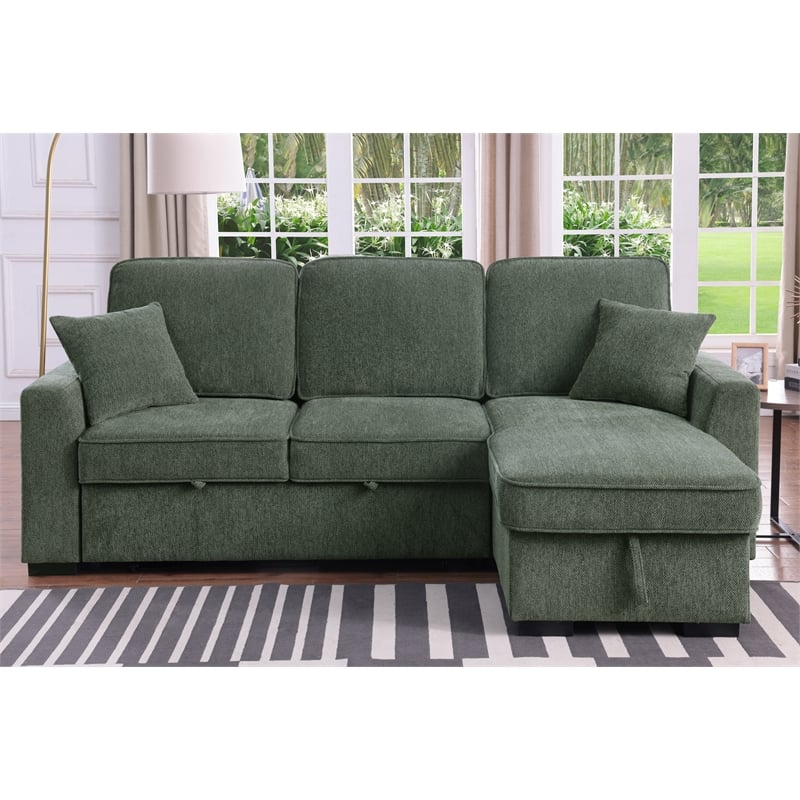 L-Shaped Reversible Chenille Sleeper Sofa with Storage Chaise and Fold-Down Cupholders with Reversible Chaise for Living Room in Green