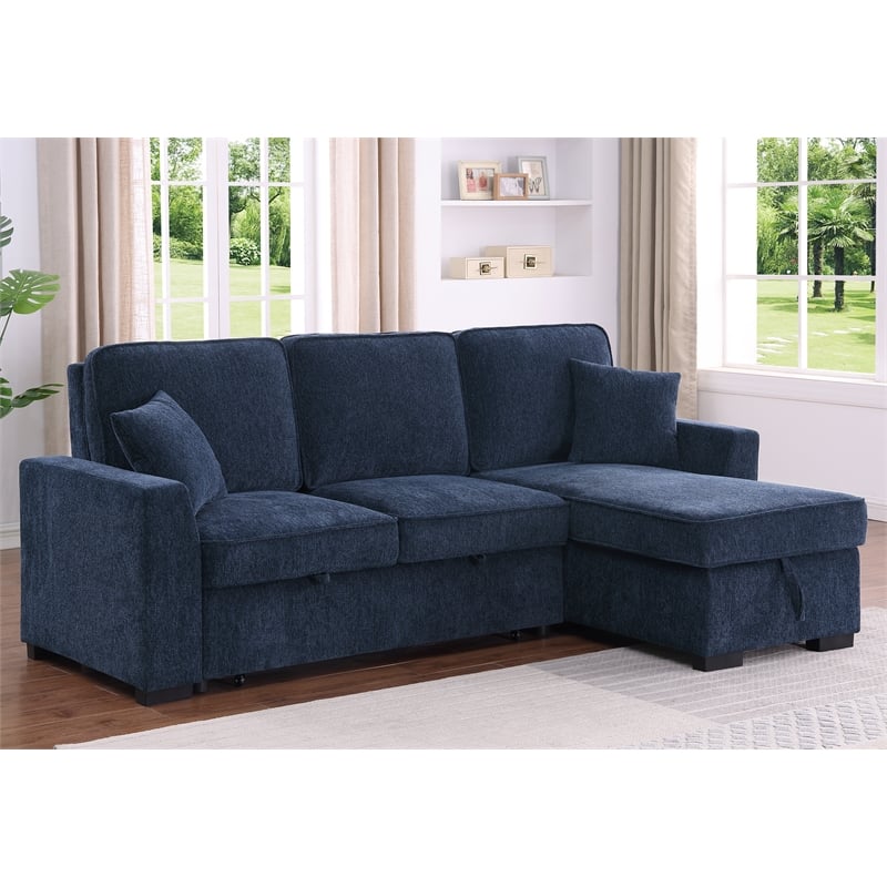L-Shaped Chenille Reversible Sleeper Sofa with Storage Chaise and Fold-Down Cupholders with Reversible Chaise for Living Room in Darl Blue