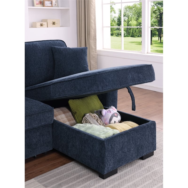 L-Shaped Chenille Reversible Sleeper Sofa with Storage Chaise and Fold-Down Cupholders with Reversible Chaise for Living Room in Darl Blue