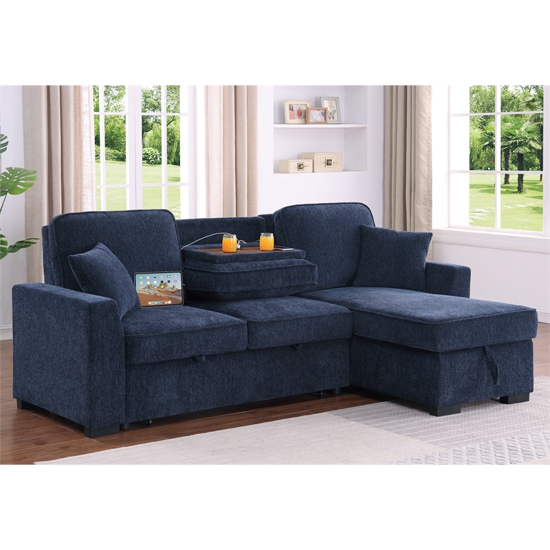 L-Shaped Chenille Reversible Sleeper Sofa with Storage Chaise and Fold-Down Cupholders with Reversible Chaise for Living Room in Darl Blue