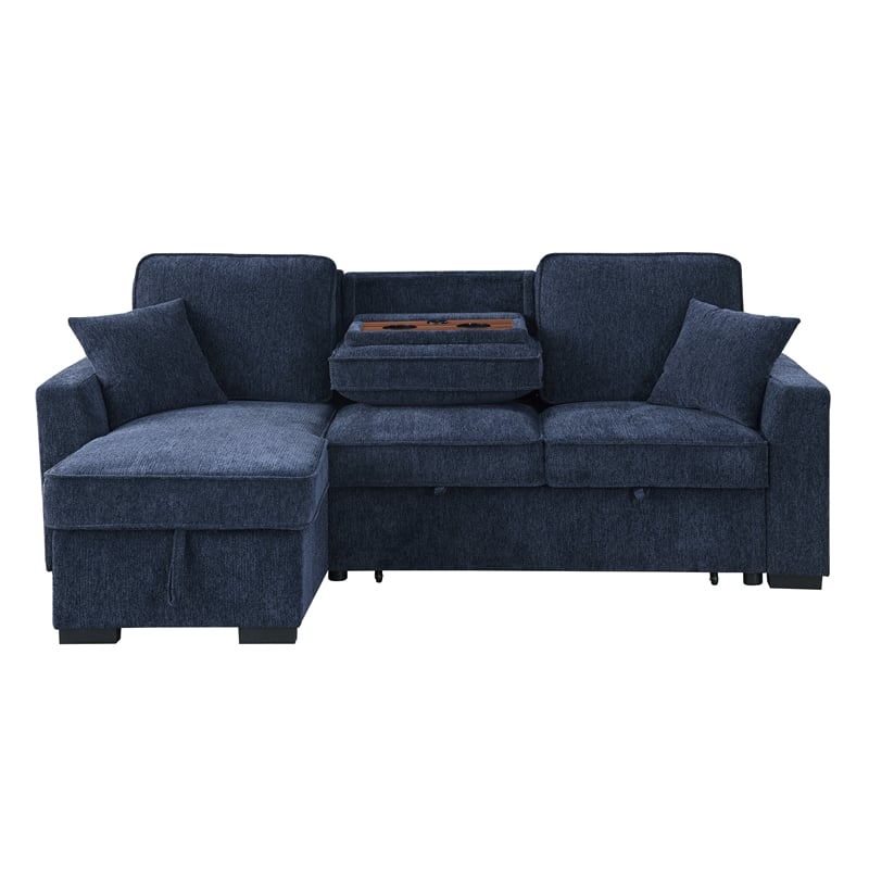 L-Shaped Chenille Reversible Sleeper Sofa with Storage Chaise and Fold-Down Cupholders with Reversible Chaise for Living Room in Darl Blue