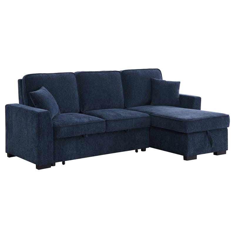 L-Shaped Chenille Reversible Sleeper Sofa with Storage Chaise and Fold-Down Cupholders with Reversible Chaise for Living Room in Darl Blue