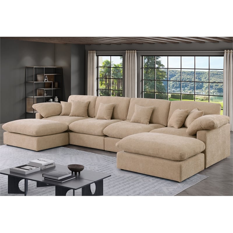 U Shape Chenille Sectional Sofa Cloud Couch With Removable Ottomans in Light Camel