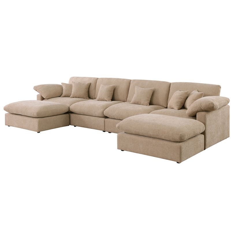U Shape Chenille Sectional Sofa Cloud Couch With Removable Ottomans in Light Camel