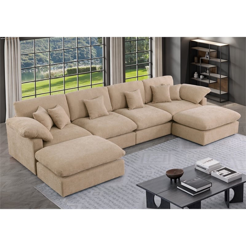 U Shape Chenille Sectional Sofa Cloud Couch With Removable Ottomans in Light Camel