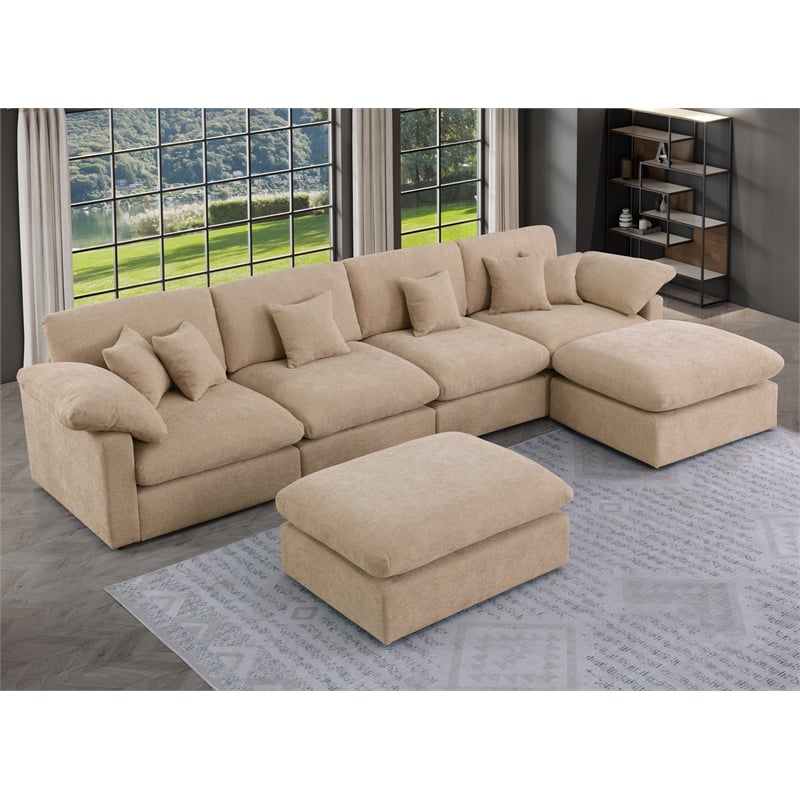 U Shape Chenille Sectional Sofa Cloud Couch With Removable Ottomans in Light Camel