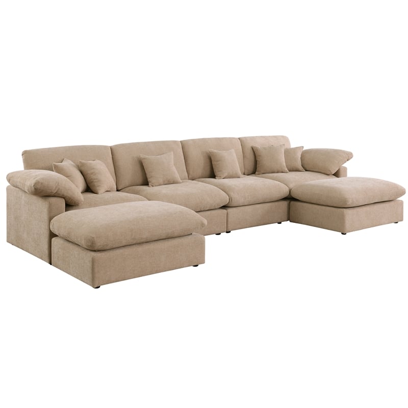 U Shape Chenille Sectional Sofa Cloud Couch With Removable Ottomans in Light Camel