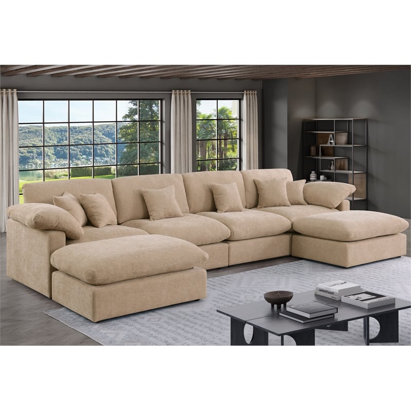 U Shape Chenille Sectional Sofa Cloud Couch With Removable Ottomans in Light Camel