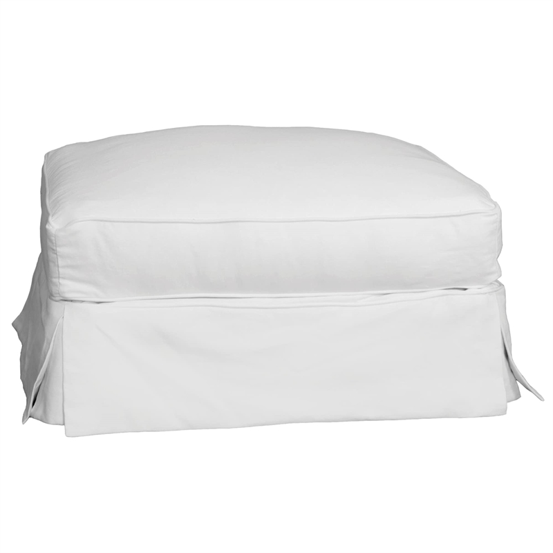 Sunset Trading Americana Box Cushion Cotton Slipcovered Ottoman in Warm White