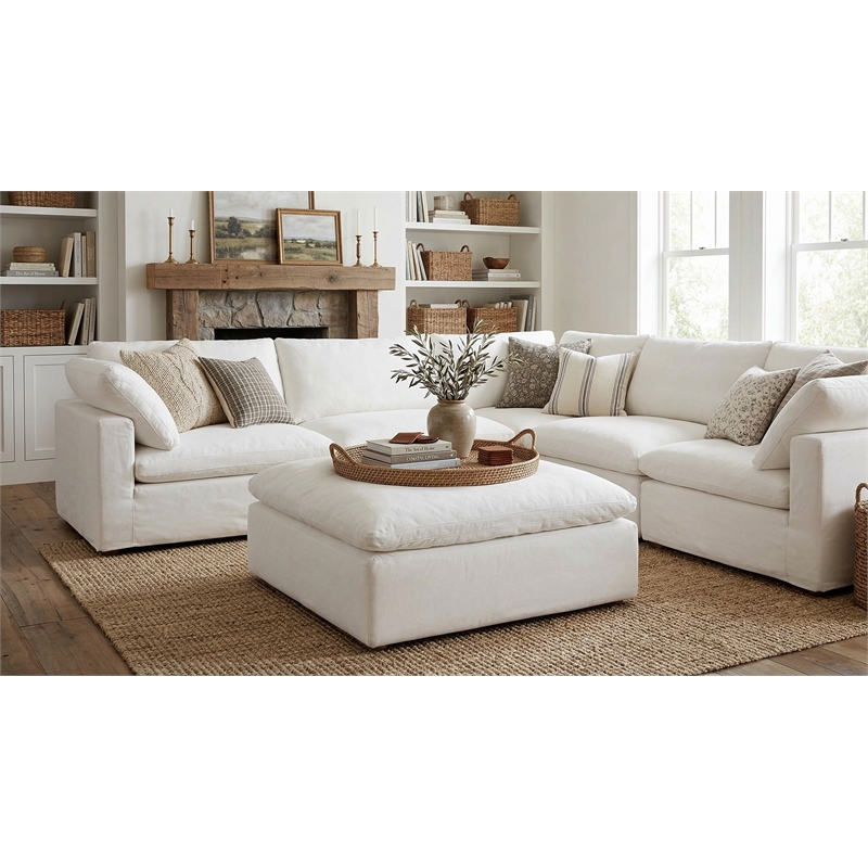 Sunset Trading Puff Fabric Slipcovered Sectional Modular Ottoman in White