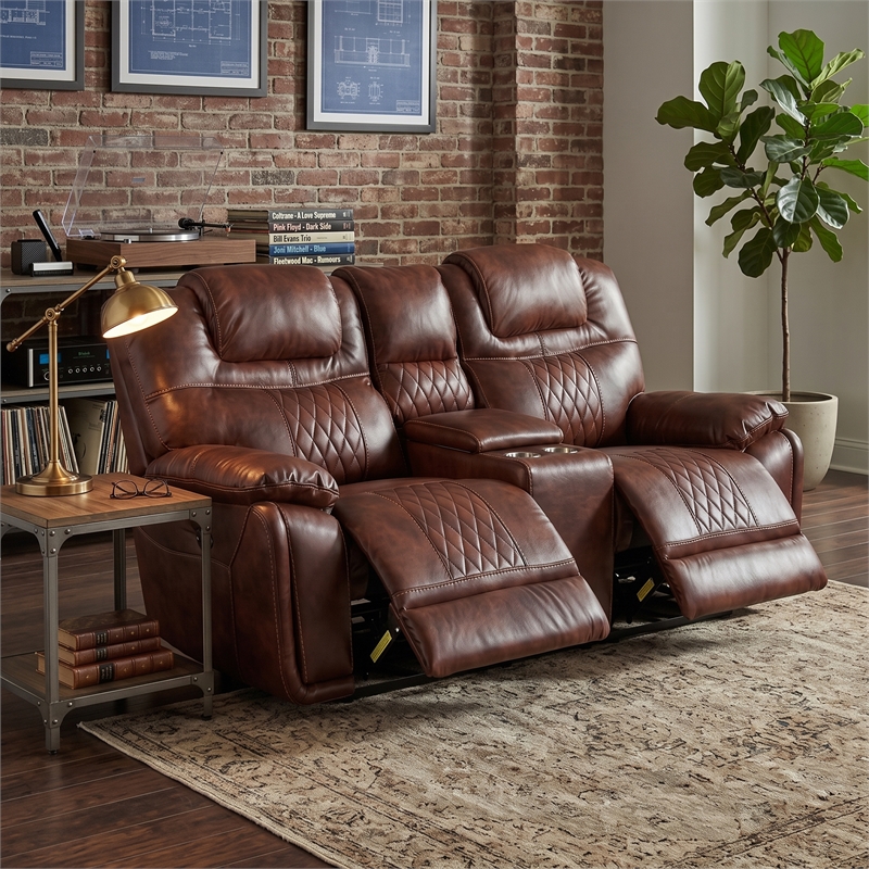 Sunset Trading Diamond Power Faux Leather Dual Reclining Loveseat in Brown