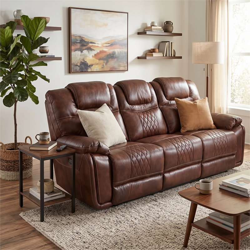 Sunset Trading Diamond Power Faux Leather Dual Reclining Sofa in Brown