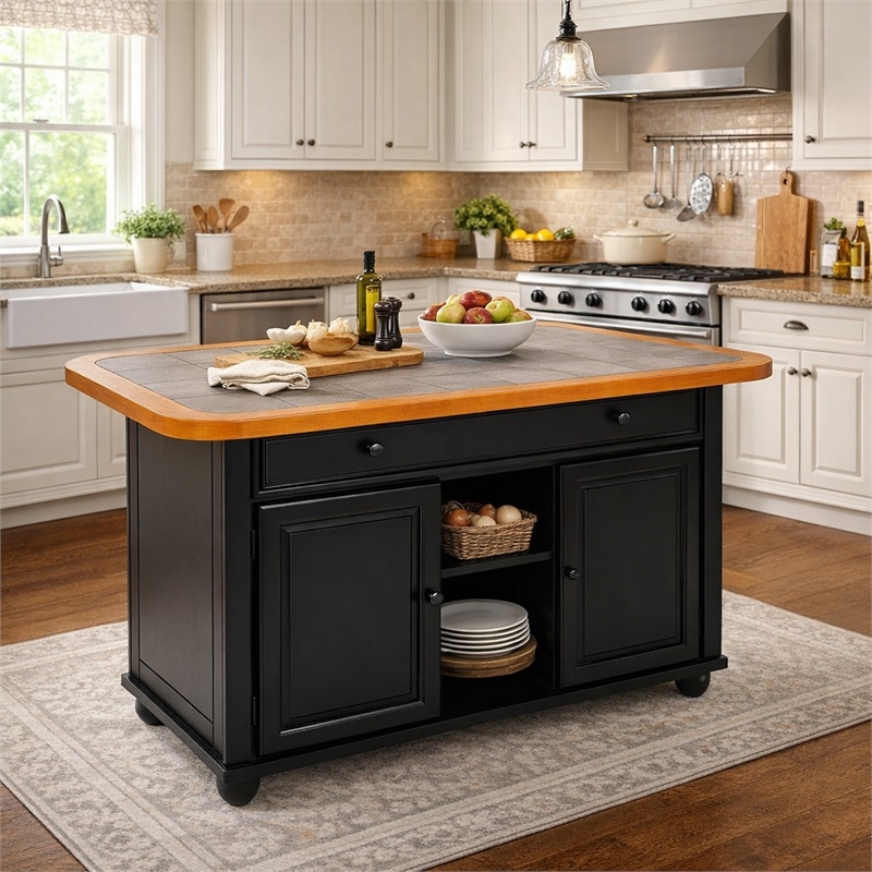 Sunset Trading Transitional Kitchen Island in Antique Black/Cherry/Gray Wood