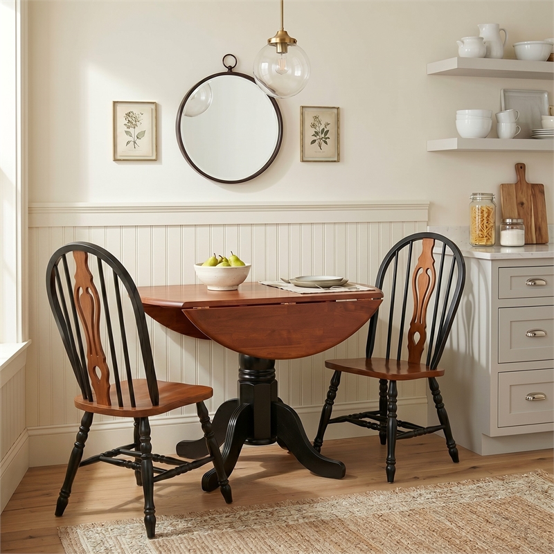 Selections Keyhole Windsor Dining Side Chairs Black/Cherry Solid Wood Set of 2