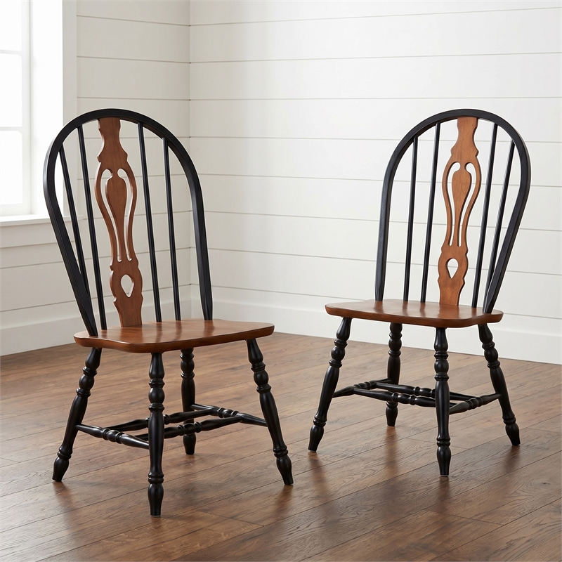 Selections Keyhole Windsor Dining Side Chairs Black/Cherry Solid Wood Set of 2