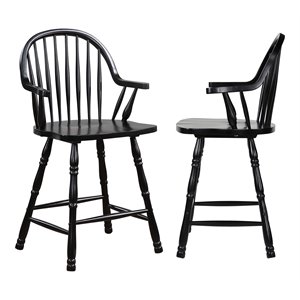 Sunset Trading 24&quot Windsor Wood Barstools with Arms in Antique Black (Set of 2)