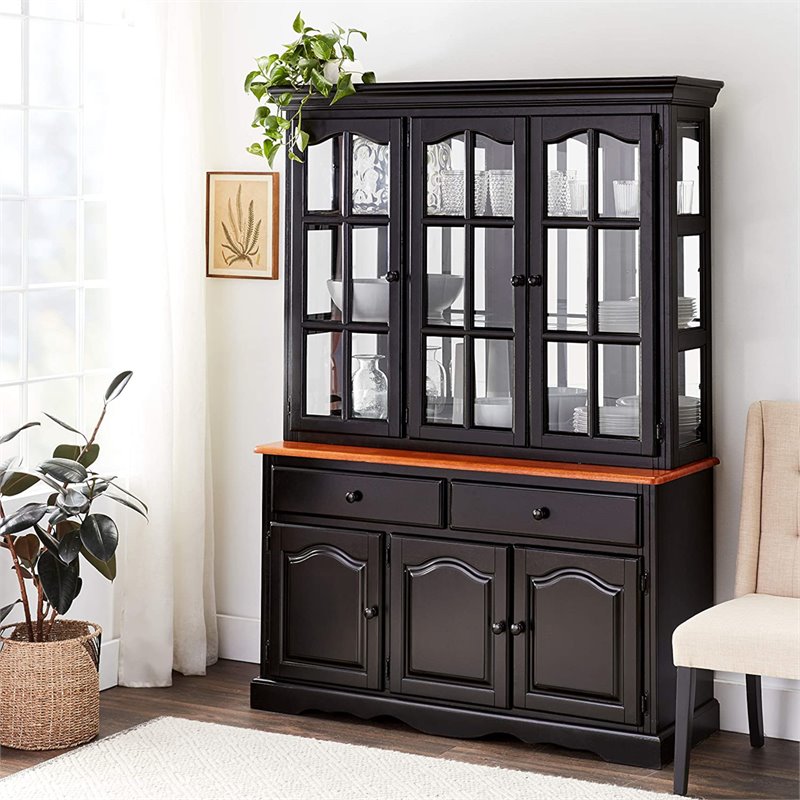Sunset Trading Wood Treasure Buffet and Lighted Hutch in Antique Black/Cherry