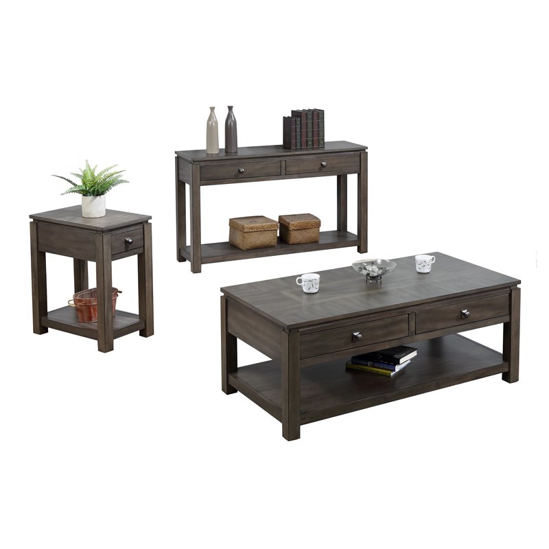 Sunset Trading Shades of Gray 3-Piece Drawers Wood Living Room Table Set in Gray