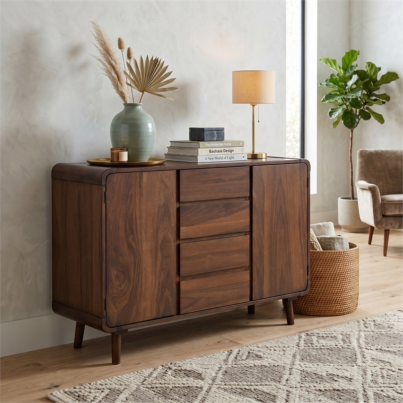 Sunset Trading Mid-Century Wood Server 4 Drawers & 2 Storage Cabinets in Walnut
