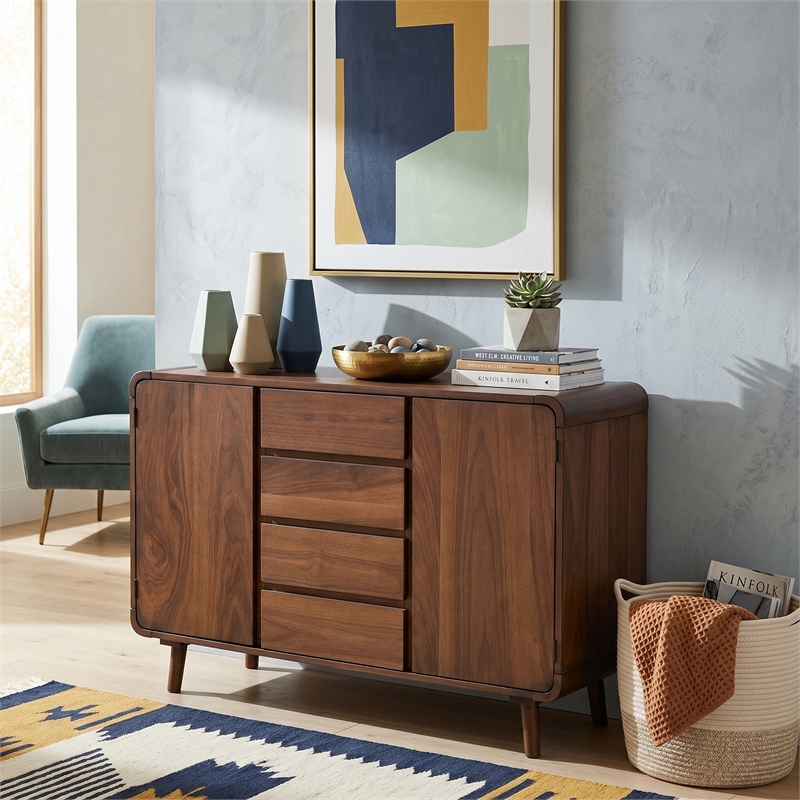 Sunset Trading Mid-Century Wood Server 4 Drawers & 2 Storage Cabinets in Walnut
