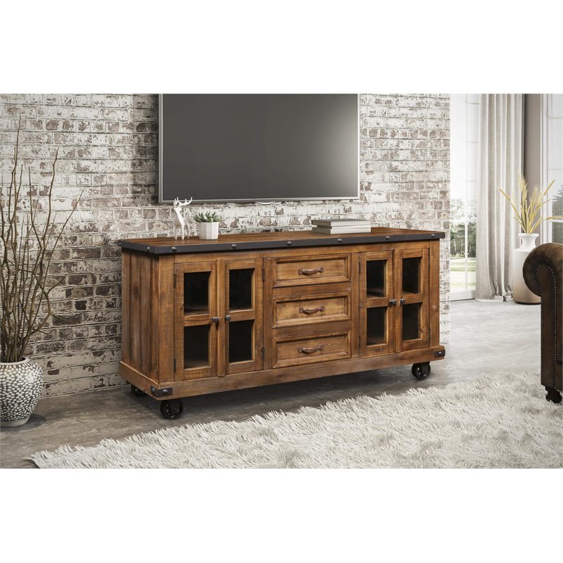 Sunset Trading Rustic City Wood Sideboard with Wheels in Distressed Oak
