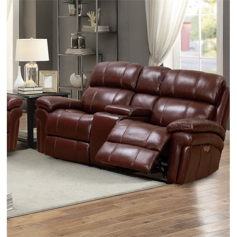 Luxe Leather Recliner Loveseat with Power Headrest and Console Storage in Brown