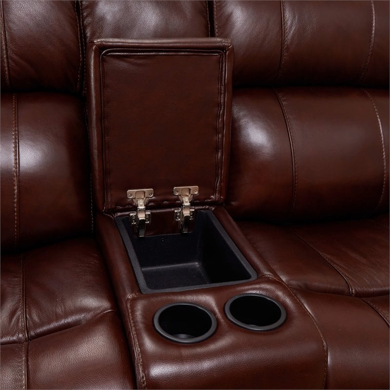 Luxe Leather Recliner Loveseat with Power Headrest and Console Storage in Brown