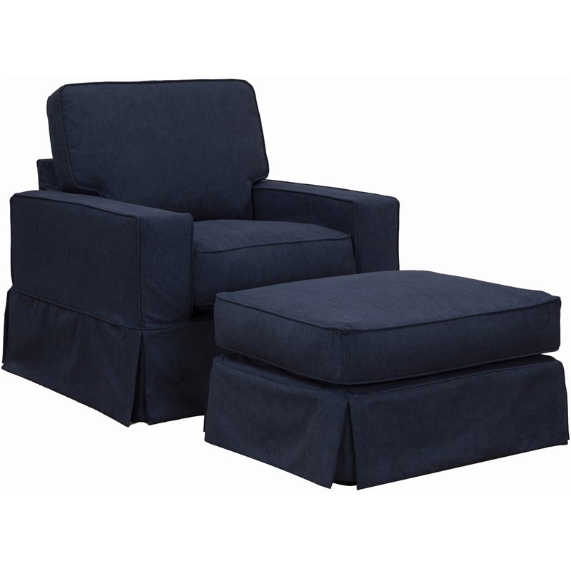 Americana Slipcovered Chair and Ottoman Set in Navy Blue Performance Fabric