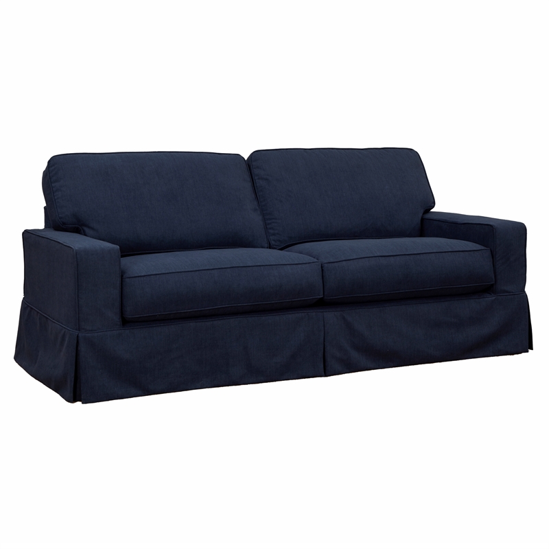 Americana Performance Fabric Box Cushion Slipcovered Sofa in Navy Blue