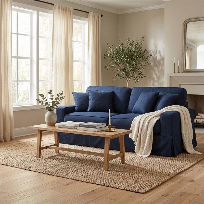 Americana Performance Fabric Box Cushion Slipcovered Sofa in Navy Blue