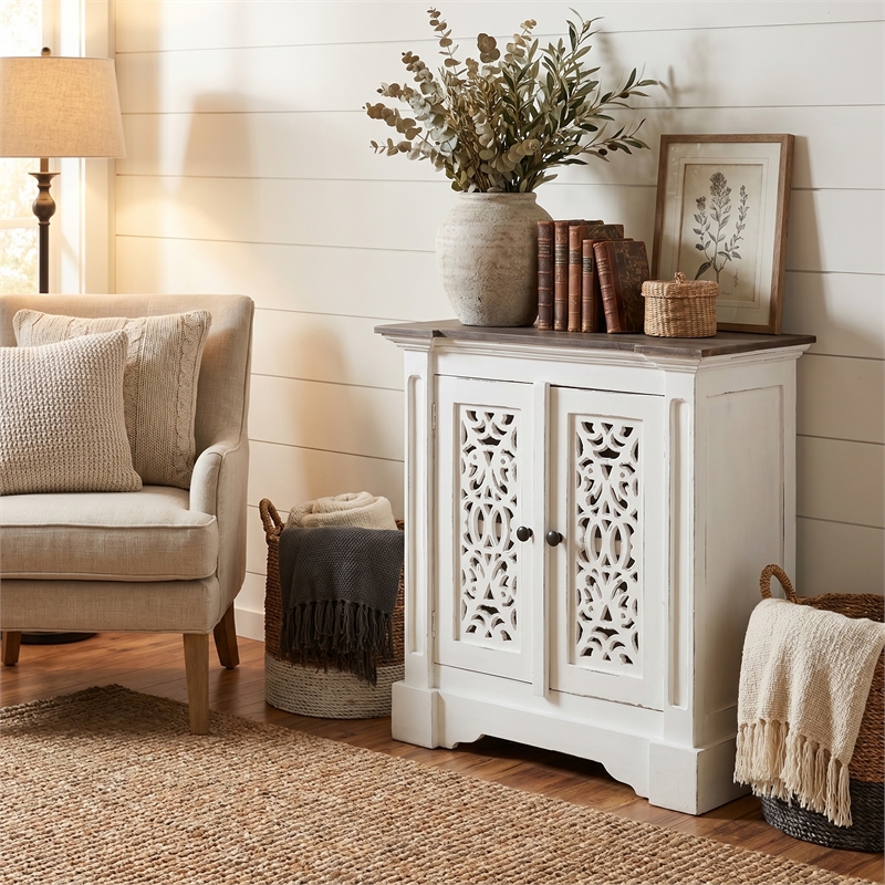 Cottage Solid Wood Accent Cabinet in Distressed White/Driftwood Brown