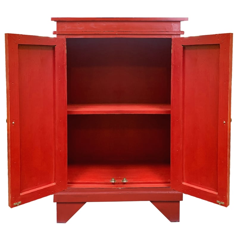 Sunset Trading Cottage Solid Wood Carved Accent Cabinet in Distressed Antique Red